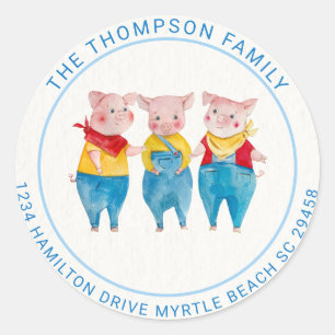 Sticker Rond Cute Blue 3 Little Pigs Adresse Baby shower