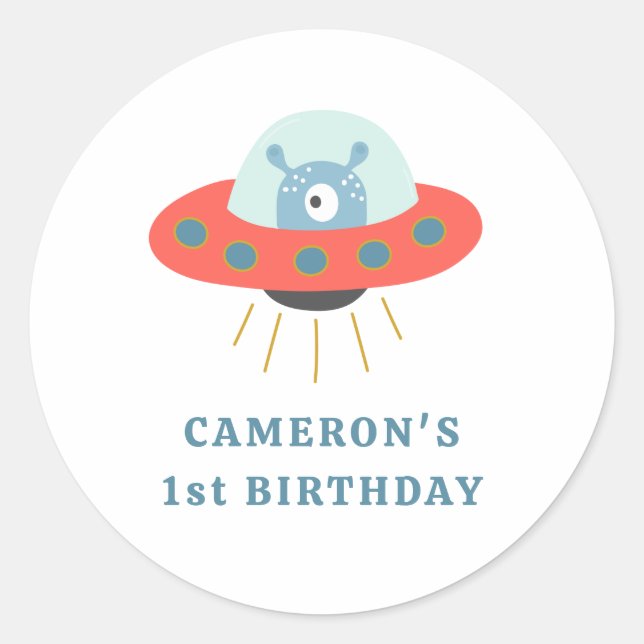 Sticker Rond Cute Blue Alien vaisseau 1er anniversaire fête (Devant)