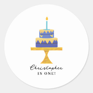 Sticker Rond Cute Blue Birthday Cake Nom personnalisé