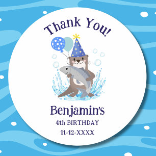 Sticker Rond Cute Blue Boy Sea Otter Anniversaire Merci de fête