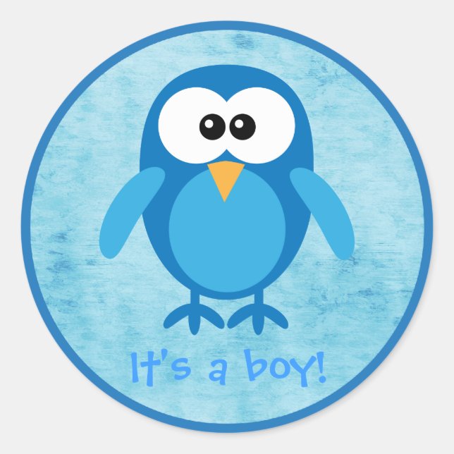 Sticker Rond Cute Blue Cartoon Owl C'est un garçon nouveau bébé (Devant)