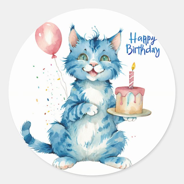 Sticker Rond Cute Blue Chat gâteau d'anniversaire - Anniversair (Devant)