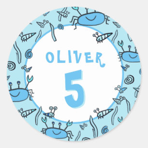 Sticker Rond Cute Blue Crab Sea Animaux Garçon Anniversaire