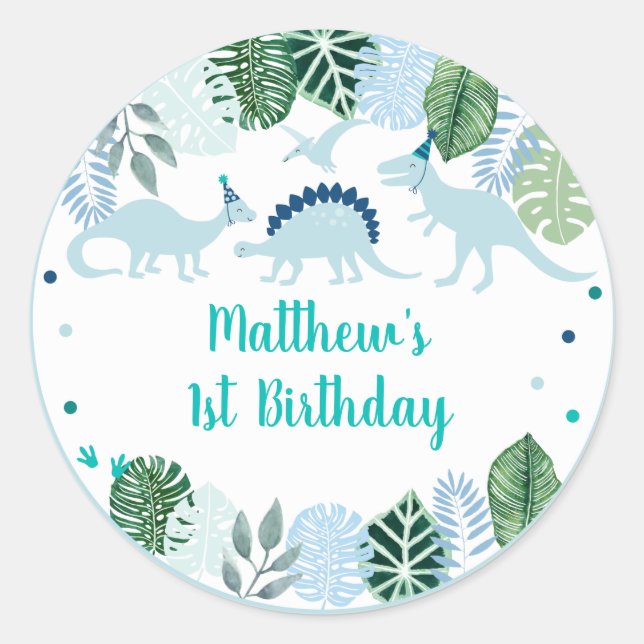 Sticker Rond Cute Blue Dinosaur Safari Anniversaire (Devant)