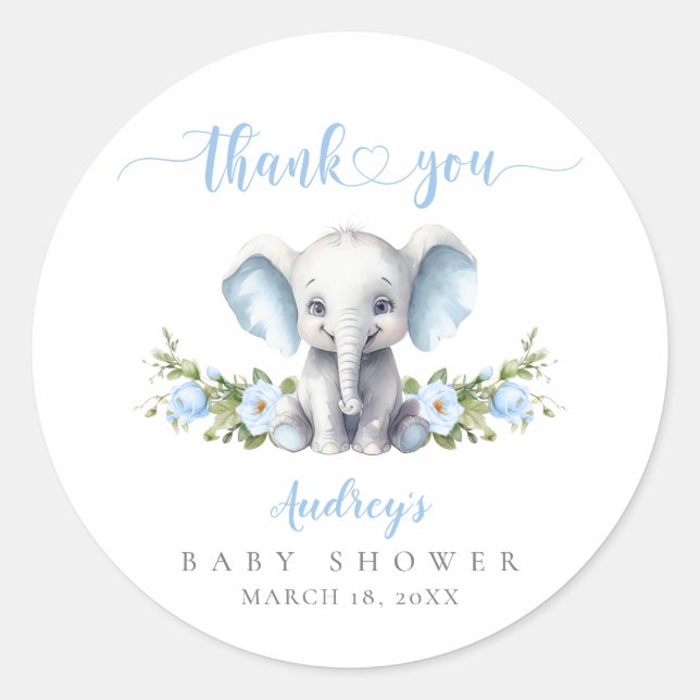 Sticker Rond Cute Blue Elephant Baby Boy Douche Merci (Devant)