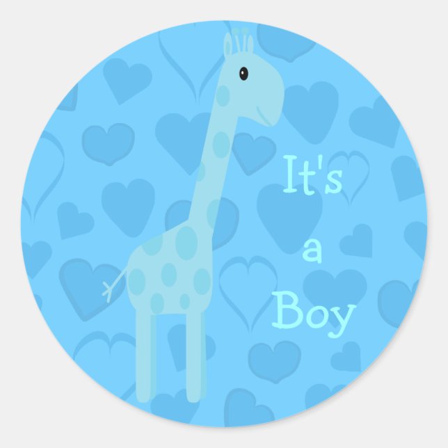 Sticker Rond Cute Blue Giraffe & Coeurs C'Est Un Garçon Nouveau (Devant)