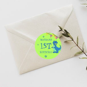 Sticker Rond Cute Blue Green Dinosaur Thème Anniversaire