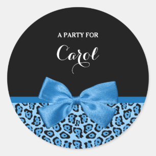 Sticker Rond Cute Blue Jaguar Print Bright Blue Ribbon et nom