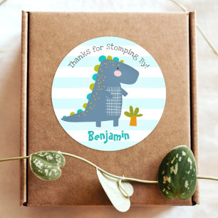 Sticker Rond Cute Blue Kawaii Dinosaur Boy Anniversaire Merci