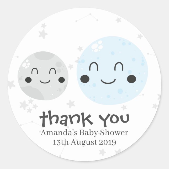 Sticker Rond Cute Blue Kawaii Planète et Baby shower de lunes (Devant)