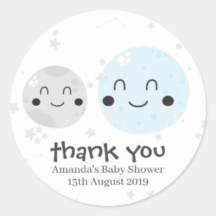 Sticker Rond Cute Blue Kawaii Planète et Baby shower de lunes