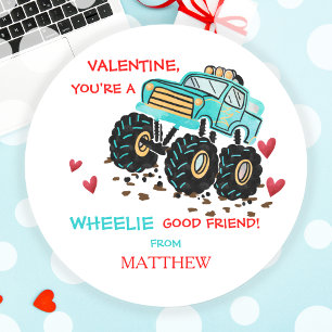 Sticker Rond Cute Blue Monster Truck School Valentine