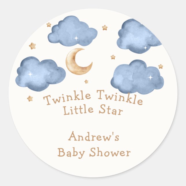Sticker Rond Cute Blue Moon Stars Twinkle Twinkle Baby shower (Devant)