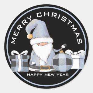 Sticker Rond Cute Blue Père Noël Gnome avec cadeaux de Noël