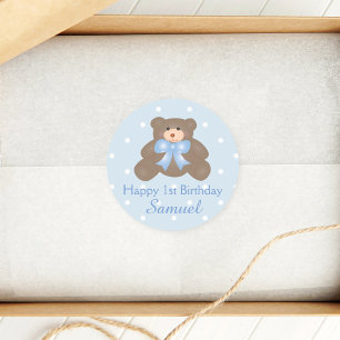 Sticker Rond Cute Blue Ribbon Baby Teddy Bear Premier anniversa