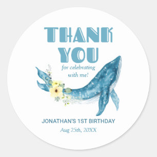 Sticker Rond Cute Blue Whale Jaune Floral Merci d'anniversaire