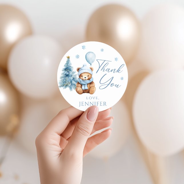 Sticker Rond Cute Blue Winter Teddy Bear Baby Shower Thank You (Créateur téléchargé)