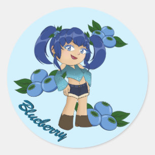 Sticker Rond Cute Blueberry Thème Chibi avec bleuets