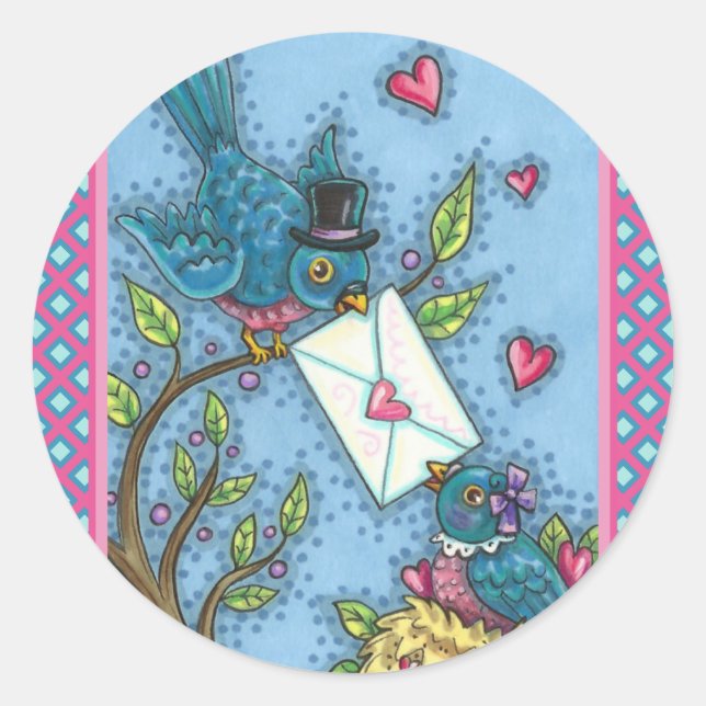 STICKER ROND CUTE BLUEBIRD SWEETHEARTS, INSÉPARABLE VALENTINE (Devant)