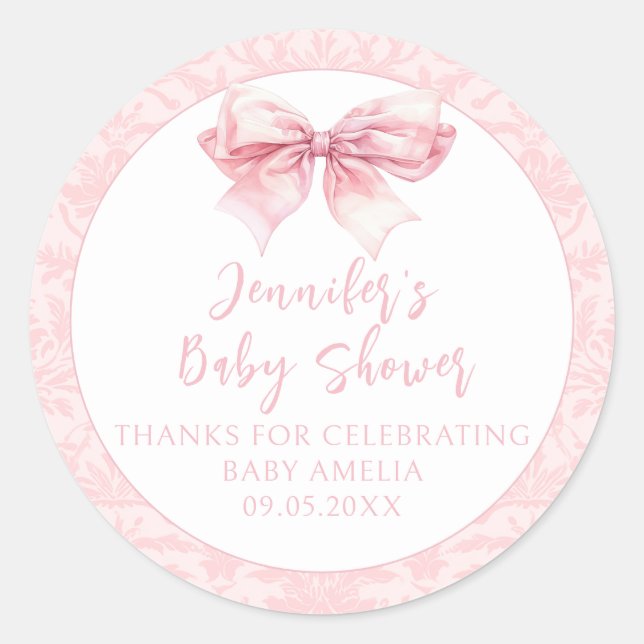 Sticker Rond Cute Blush Pink Bow Damask Baby Girl Douche (Devant)