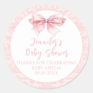 Sticker Rond Cute Blush Pink Bow Damask Baby Girl Douche