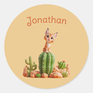 Sticker Rond Cute Bobcat sur cactus