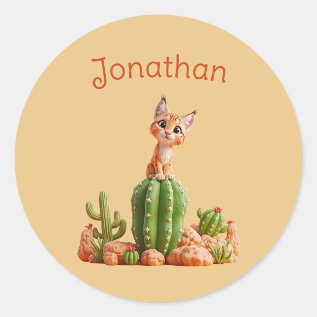 Sticker Rond Cute Bobcat sur cactus (Devant)