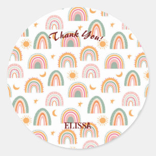 Sticker Rond Cute Boho Rainbow Motif Nom personnalisé Merci