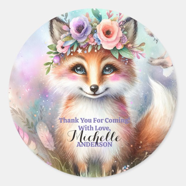 Sticker Rond Cute Boho Watercolor Fête d'anniversaire du renard (Devant)