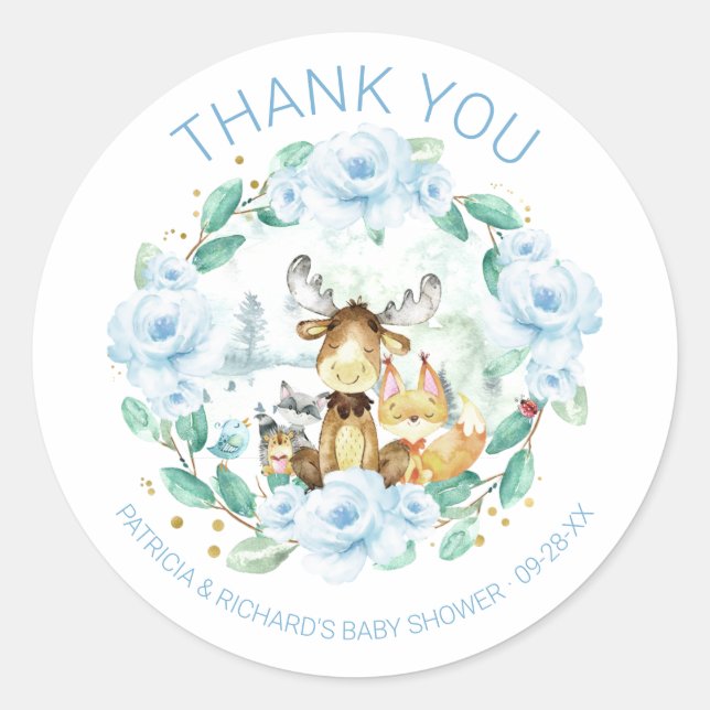 Sticker Rond Cute Bois Animaux Floral Baby shower de verdure (Devant)