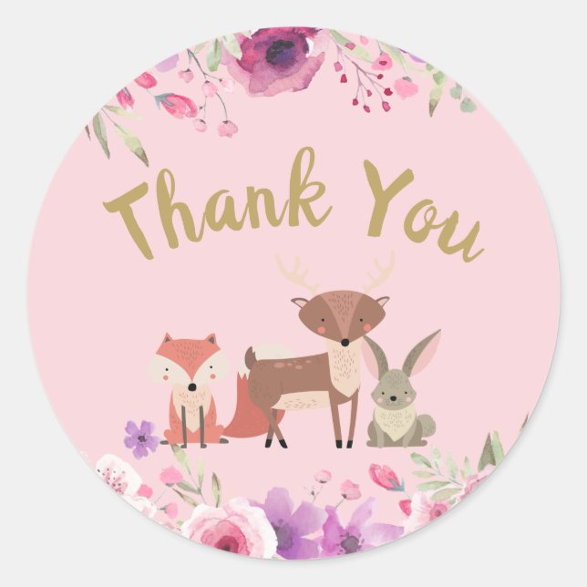 Sticker Rond Cute Bois Animaux Floral Merci rose (Devant)