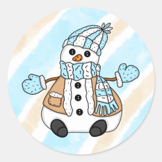 Sticker Rond Cute bonhomme de neige bleu avec Noël à l'écharpe (Devant)