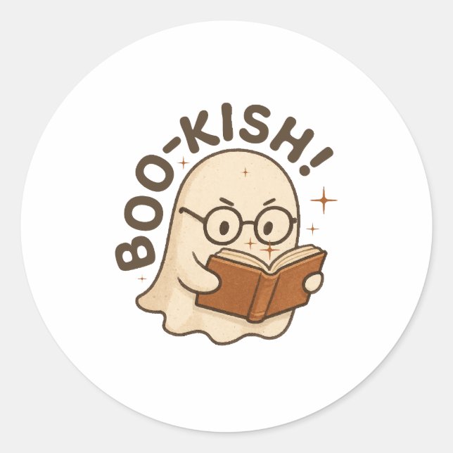 Sticker Rond Cute Book Reading Ghost Funny Bookworm Halloween (Devant)