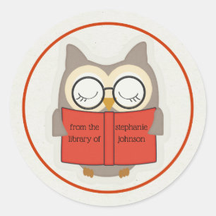 Sticker Rond Cute Bookish Owl Rouge-Taupe-Blanc Plaque