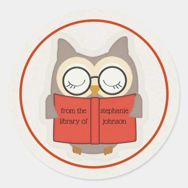 Sticker Rond Cute Bookish Owl Rouge-Taupe-Blanc Plaque (Devant)
