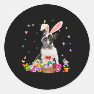 Sticker Rond Cute Boston Terrier Jour de Pâques Oeufs de lapin