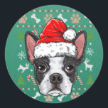 Sticker Rond Cute Boston Terrier Ugly Christmas Sweater Santa<br><div class="desc">Cute Boston Terrier Ugly Christmas Sweater Santa</div>