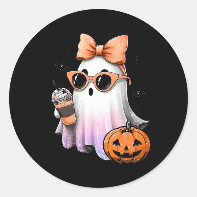 Sticker Rond Cute Bougie Ghost Café Citrouille saison Éffrayant (Devant)