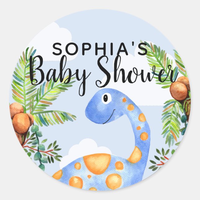 Sticker Rond Cute Boys Aquarelle Dinosaur Baby shower moderne (Devant)