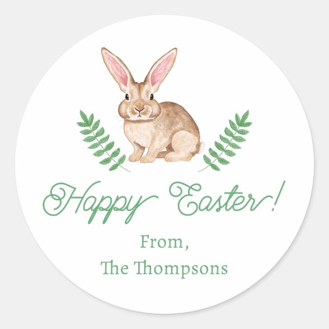 Sticker Rond Cute Brown Watercolor Easter Bunny With Greenery (Devant)