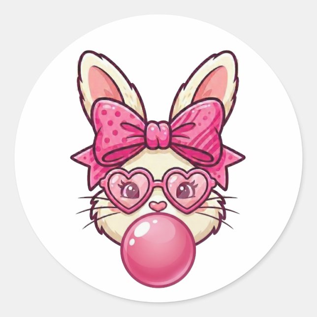 Sticker Rond Cute Bubblegum Bunny with Heart Glasses (Devant)