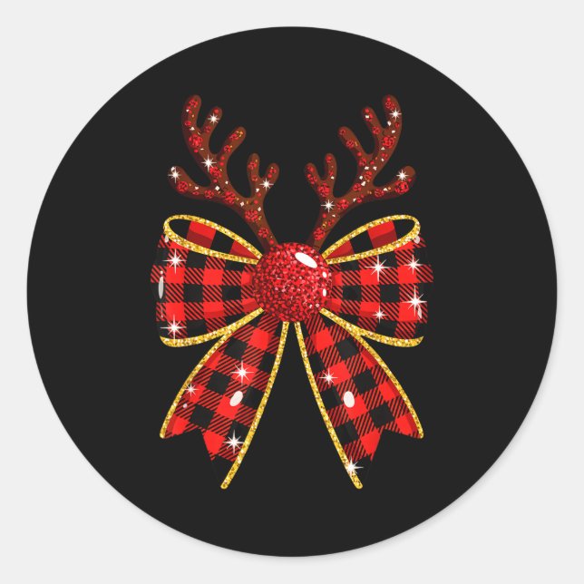 Sticker Rond Cute Buffalo Plaid Coquette Bow Reindeer Christmas (Devant)