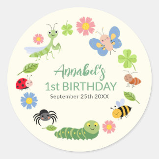 Sticker Rond Cute Bug Ladybug Buttefly Kids 1st Birthday 