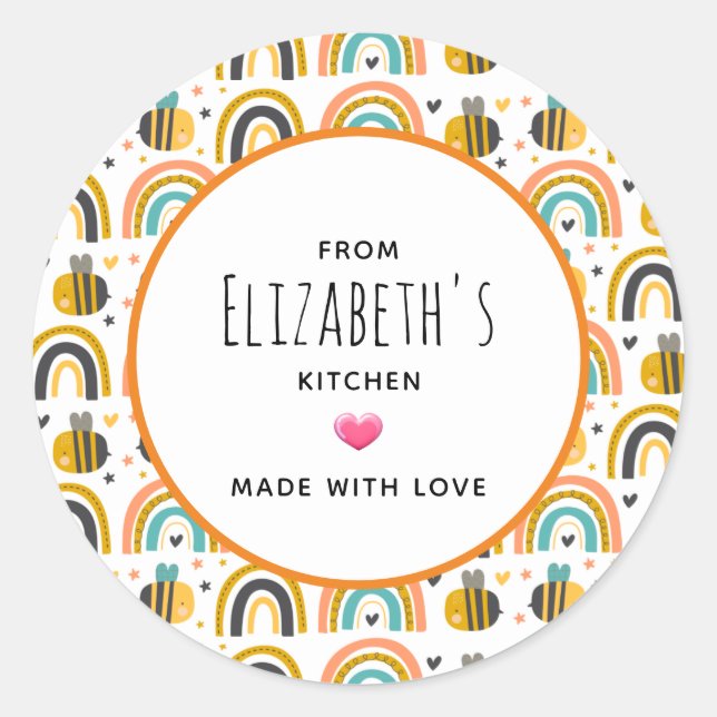 Sticker Rond Cute Bumble Bee et Rainbows Motif (Devant)