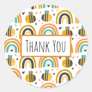 Sticker Rond Cute Bumble Bee et Rainbows Motif Merci