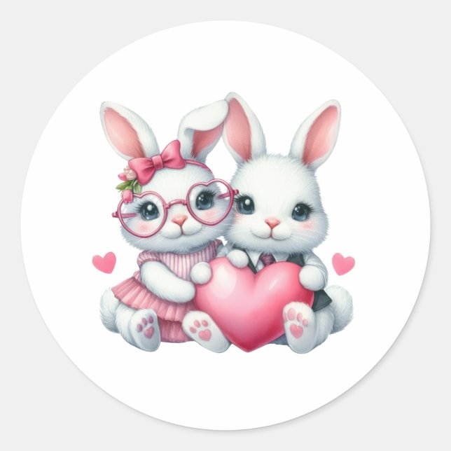 Sticker Rond Cute Bunnies Sharing a Heart (Devant)