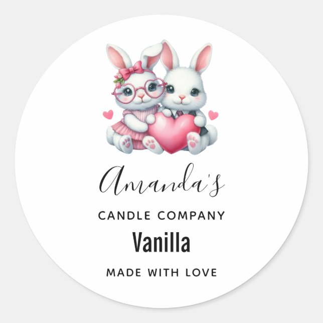 Sticker Rond Cute Bunnies Sharing a Heart Candle Business (Devant)