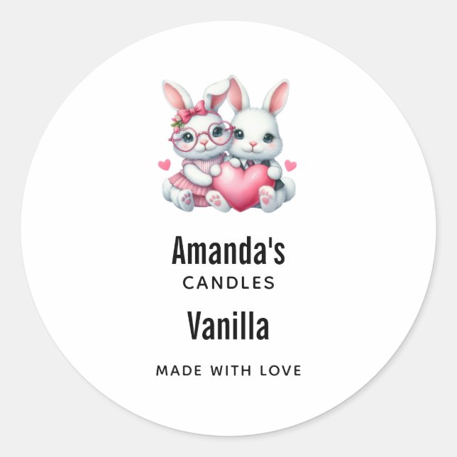 Sticker Rond Cute Bunnies Sharing a Heart Candle Business (Devant)