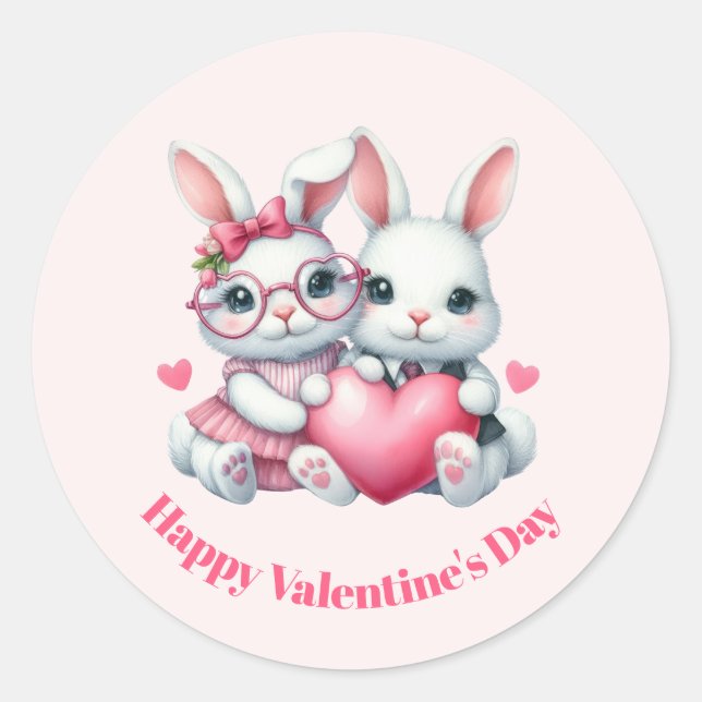 Sticker Rond Cute Bunnies Sharing a Heart Valentine's Day (Devant)