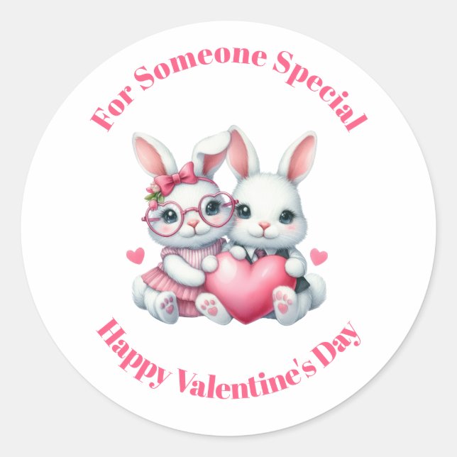 Sticker Rond Cute Bunnies Sharing a Heart Valentine's Day (Devant)